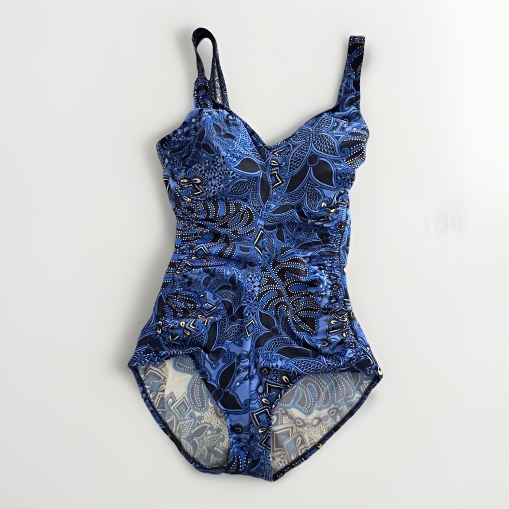 Vintage Maxine Of Hollywood Blue One Piece Swimsuit Size 14 tummy control ruched